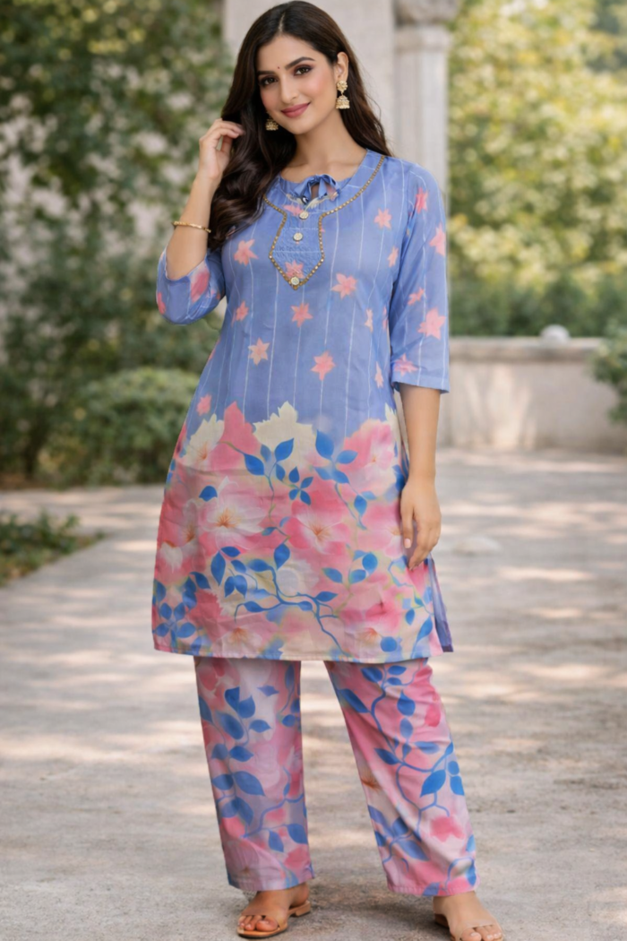 Elegant in pastel garden attire Digital Print Two Pieceđ - Image 1