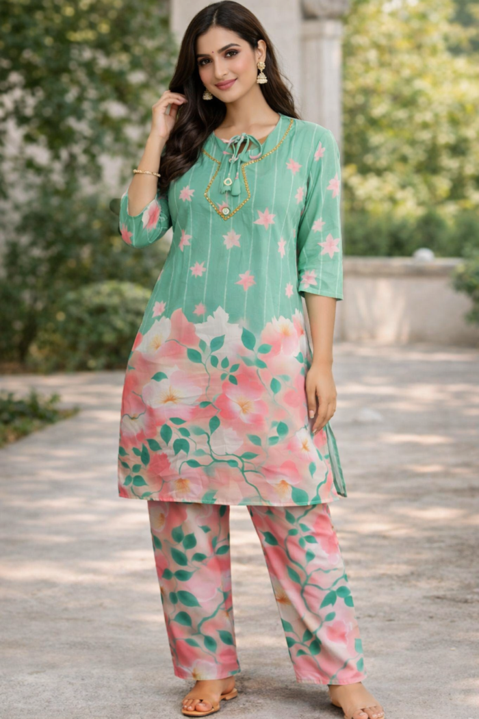 Graceful in pastel blooms outdoors Digital Print Two Piece - Image 1